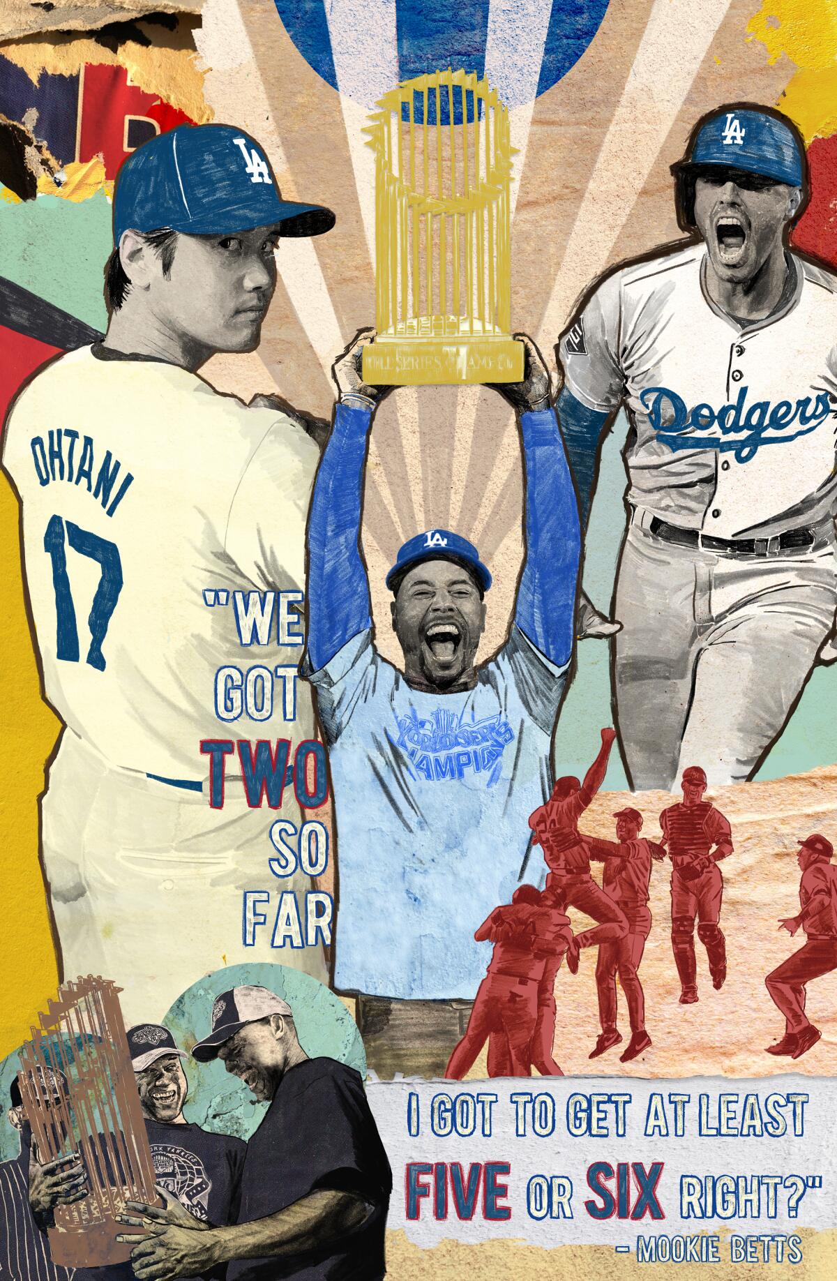 An illustration featuring baseball players Shohei Ohtani, Mookie Betts, Freddie Freeman, Derek Jeter and Mariano Rivera
