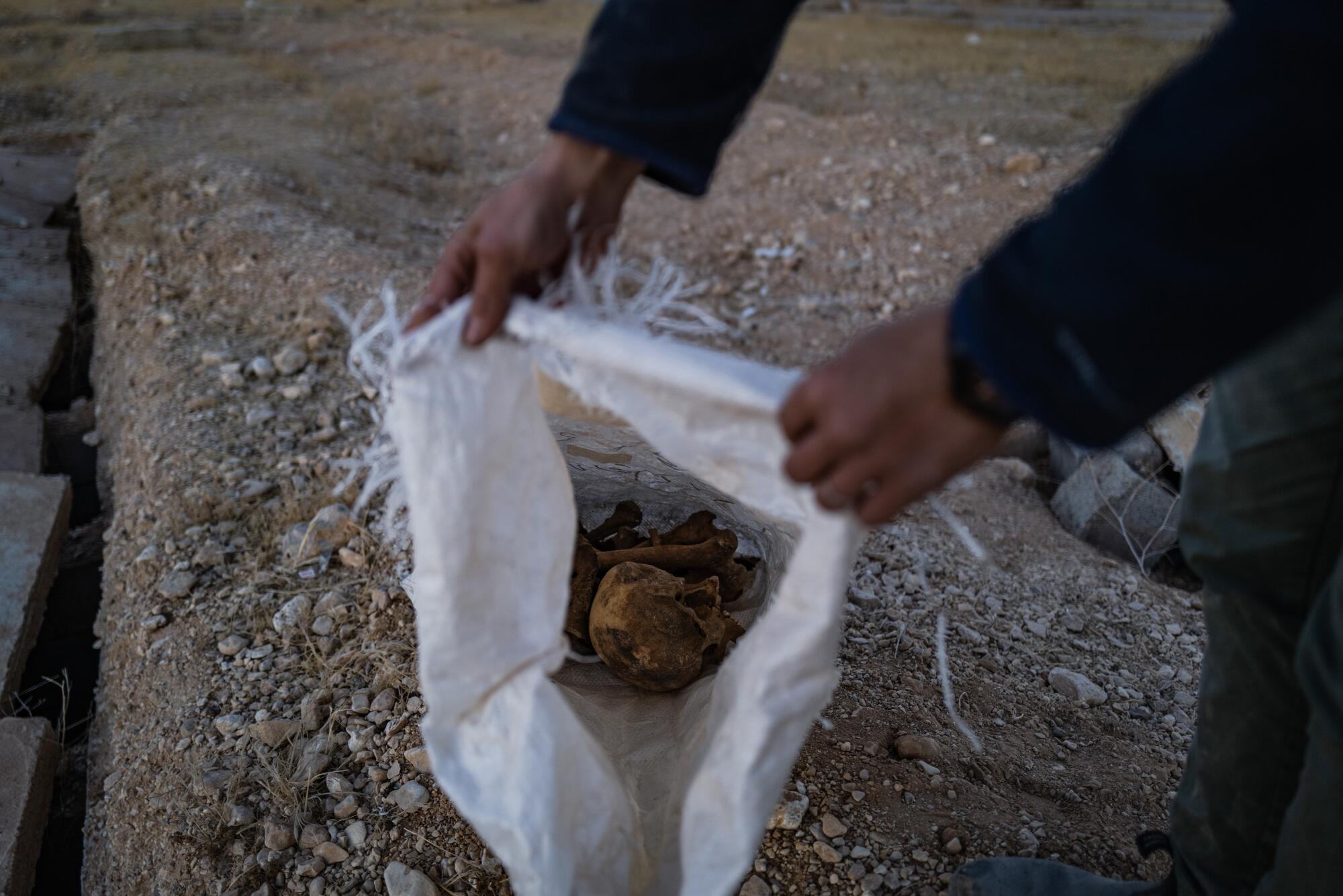 A man's hands hold open a bag containing bones.