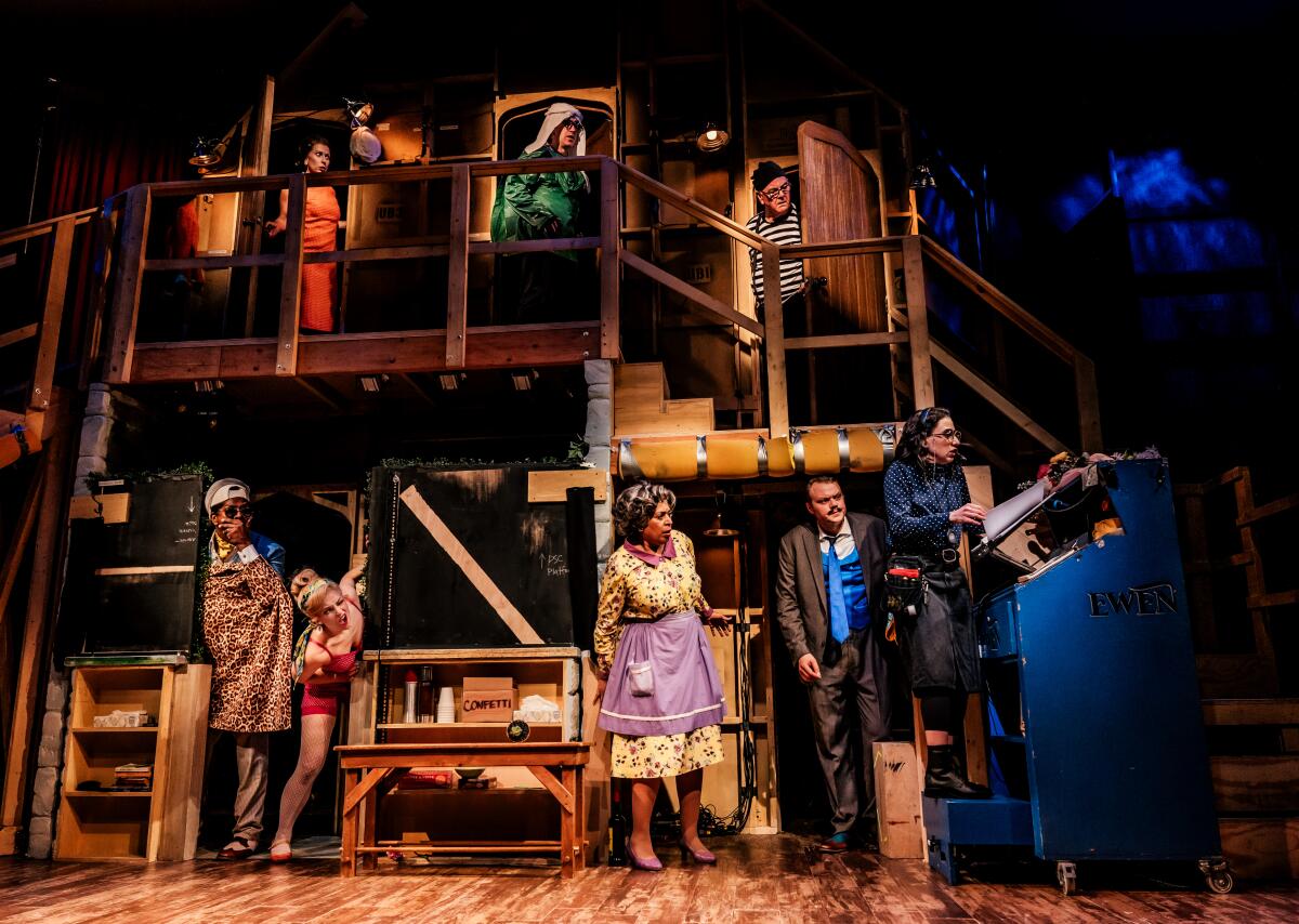 A scene of backstage mayhem from Act Two of "Noises Off" at the Geffen Playhouse.
