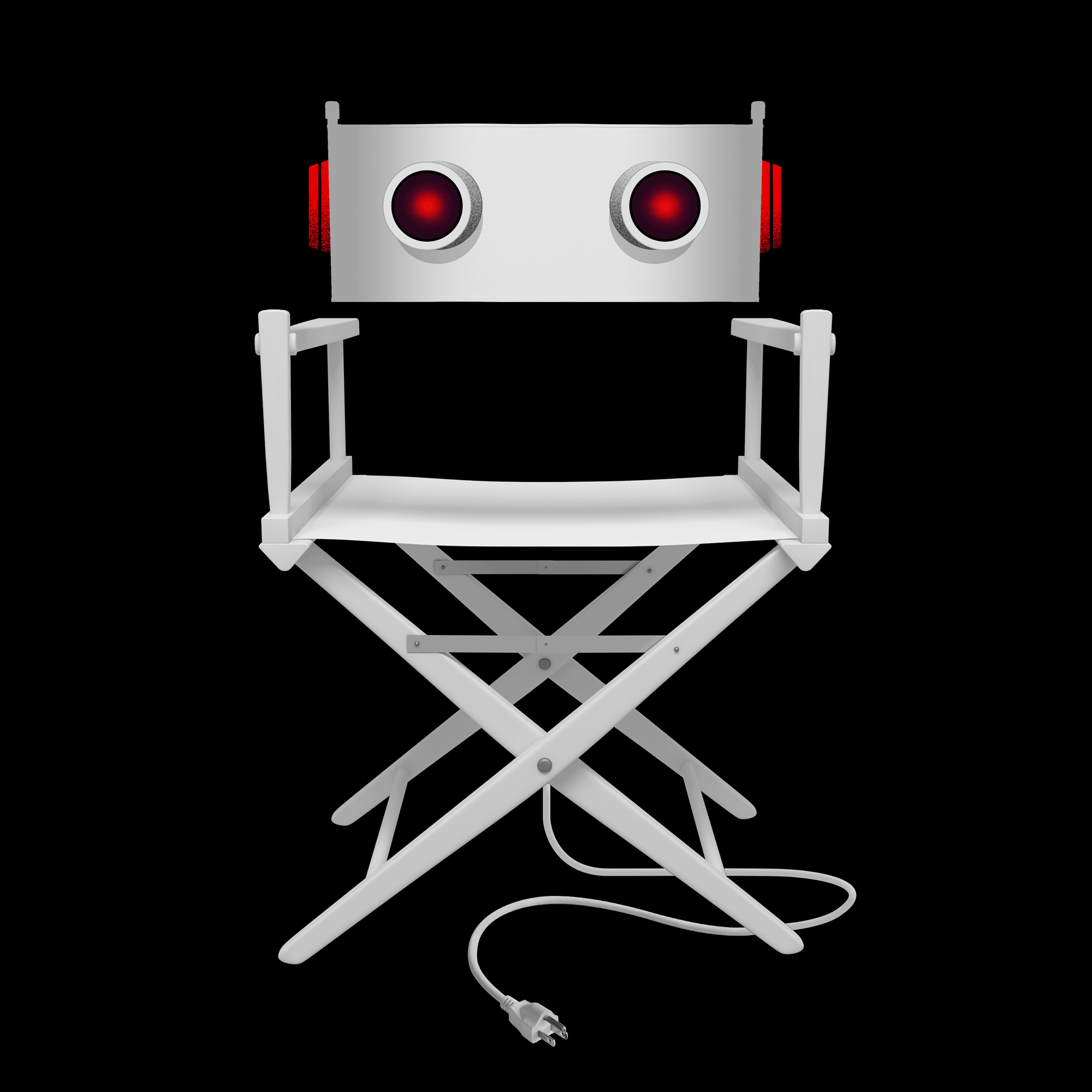 Illustration of a folding director's chair with a robot head and an unplugged electrical cord underneath