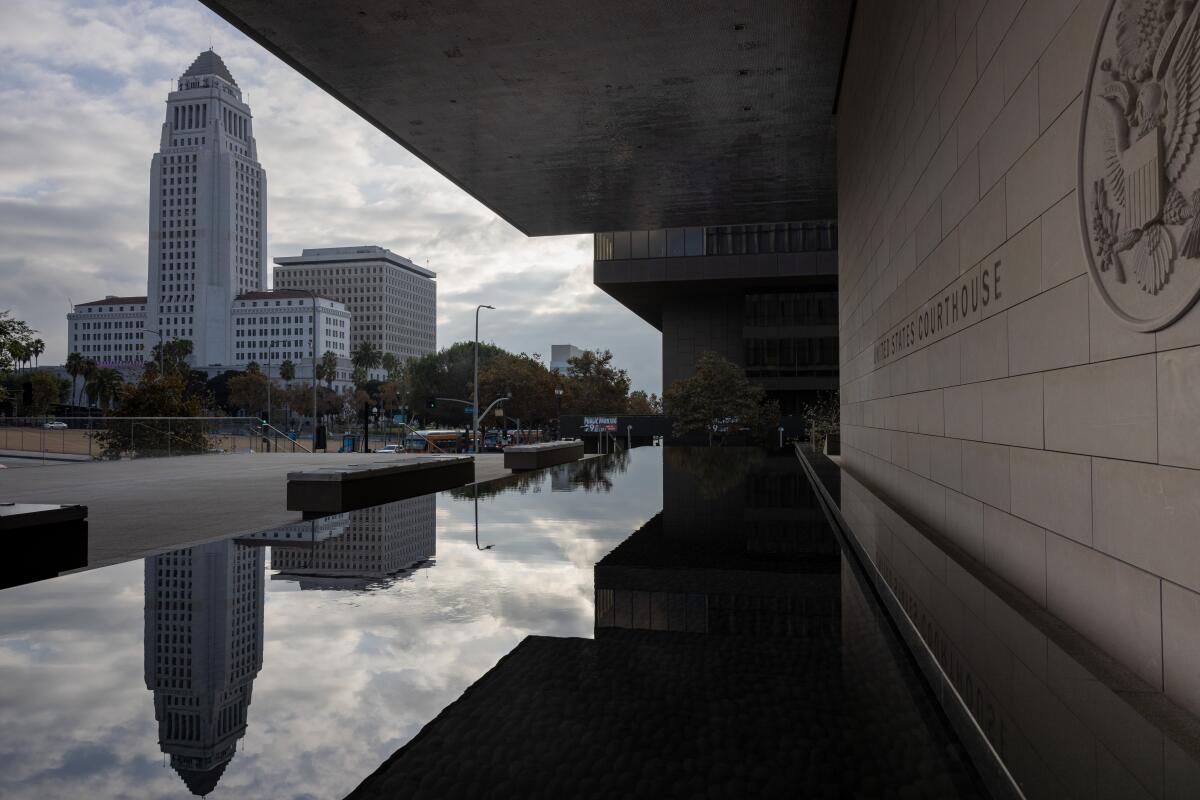 The Federal Courthouse in downtown Los Angeles with City Hall in the background.