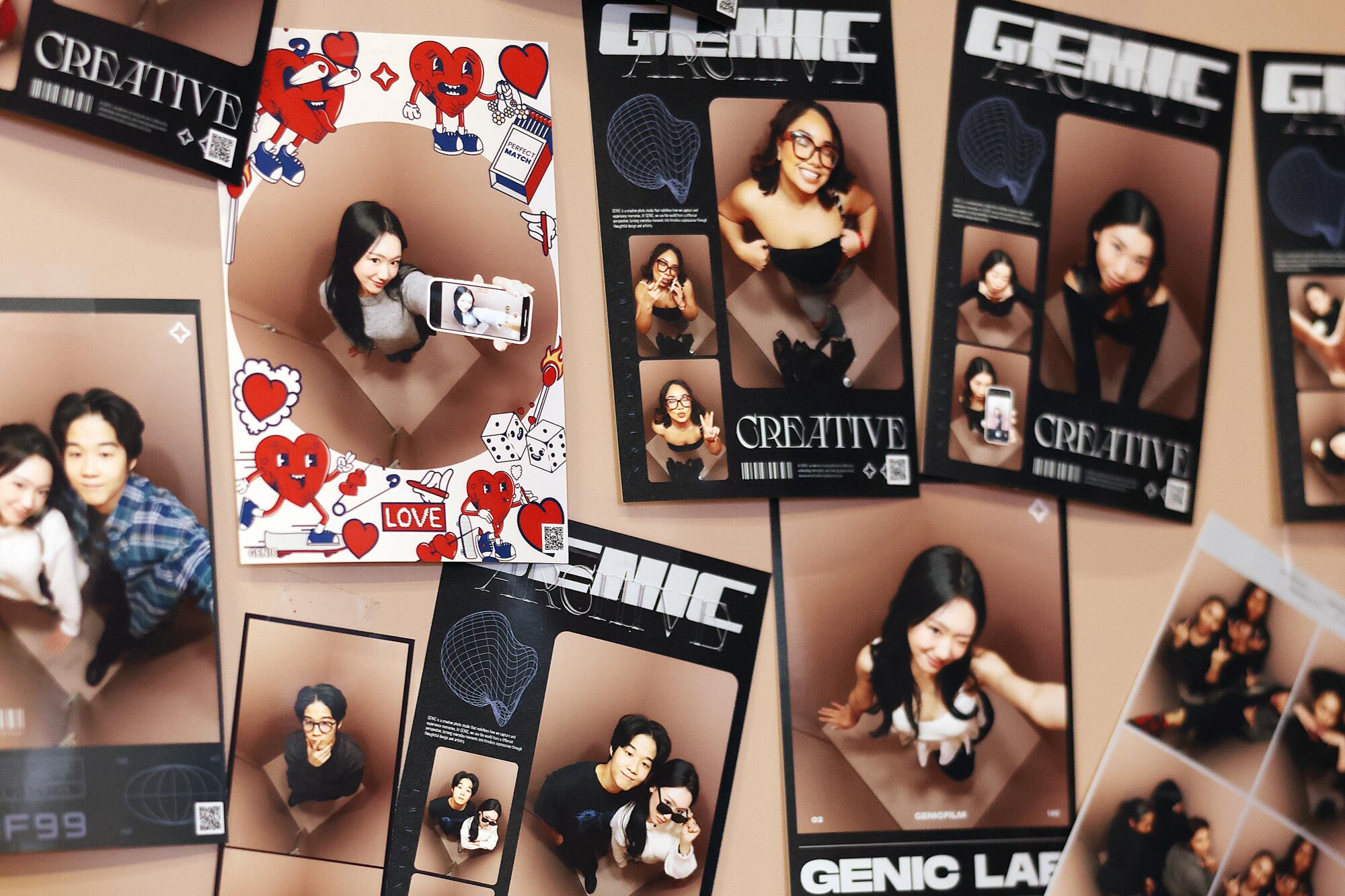 Prints made at the Genic photo booth pop-up hang on a wall