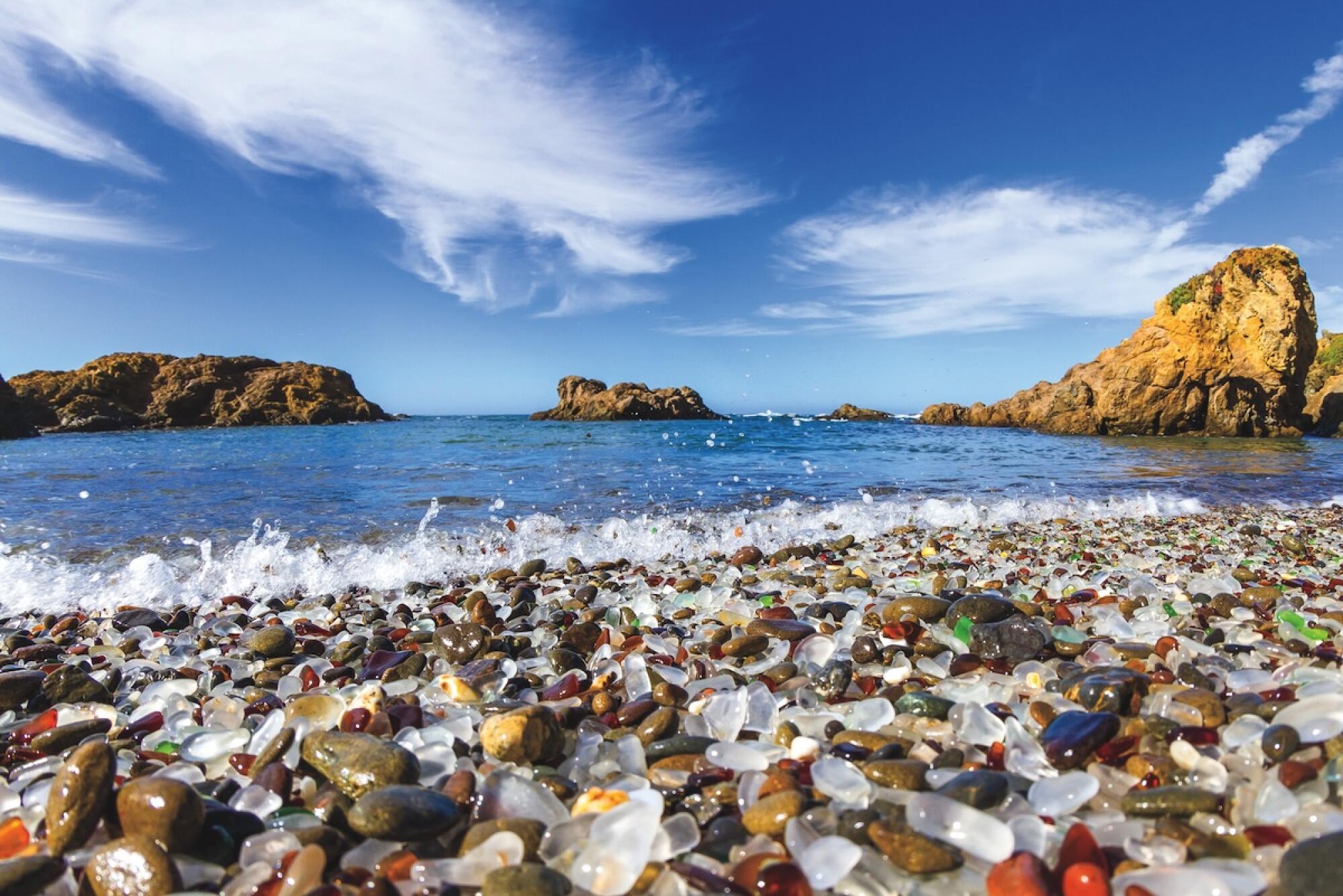 colorful glass pebbles blanket this beach in Fort Bragg