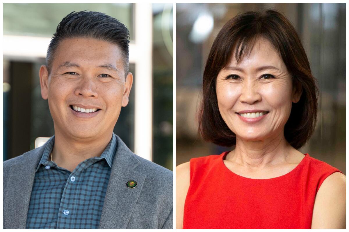 Two portrait photos: left, a man wearing a gray blazer and a blue shirt; on the right, a woman in a sleeveless red dress