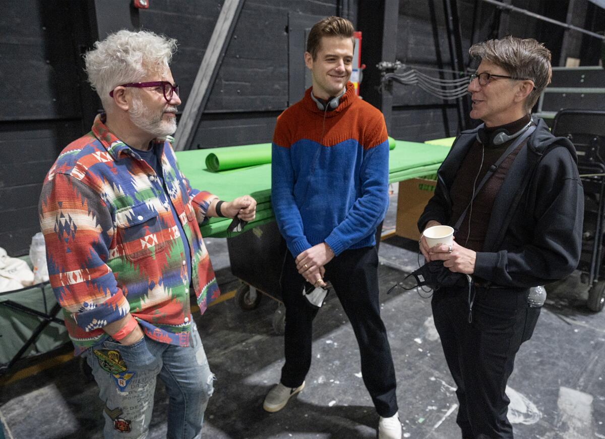 Joseph La Corte, Robbie Rogers and Ron Nyswaner on the set of "Fellow Travelers."