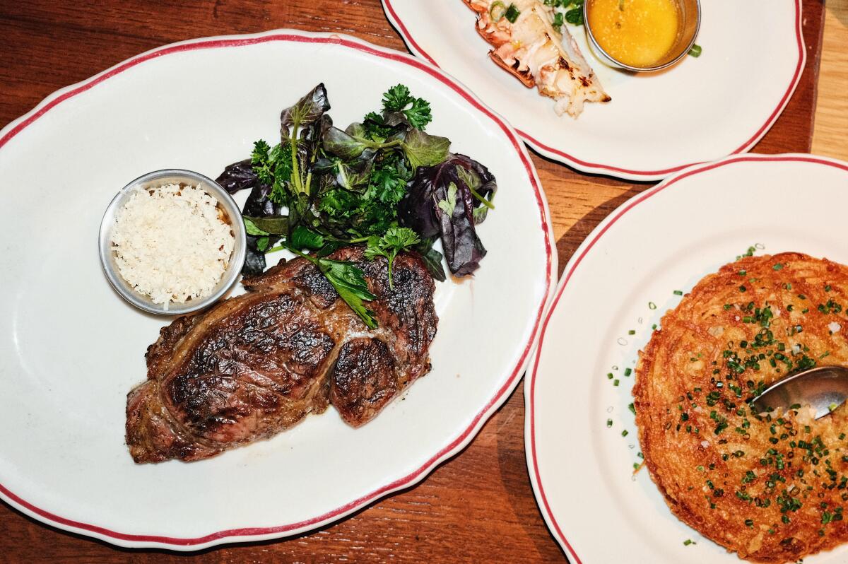 Wood-grilled dry-aged rib-eye with house-made fermented steak sauce and a stuffed hash brown at American Beauty at the Grove.