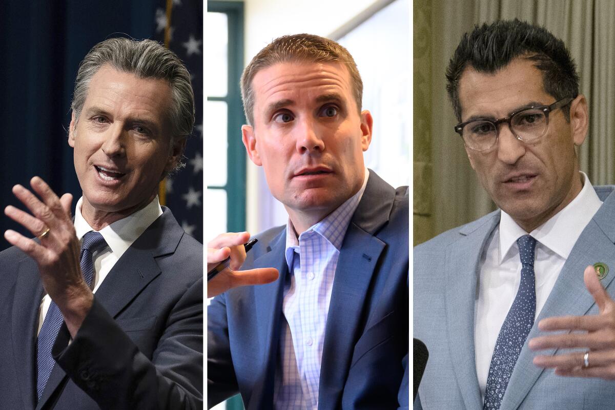 Side by side photos of Gavin Newsom, Mike McGuire and Robert Rivas.