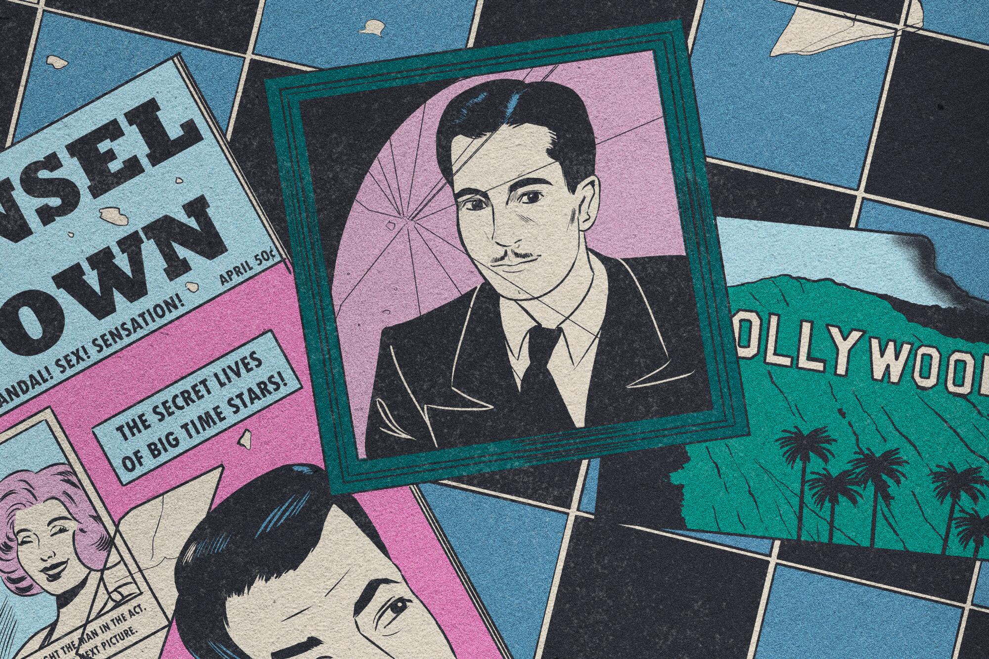 A portrait of Ramon Novarro in a broken frame on the floor with a postcard of Hollywood and a celebrity magazine