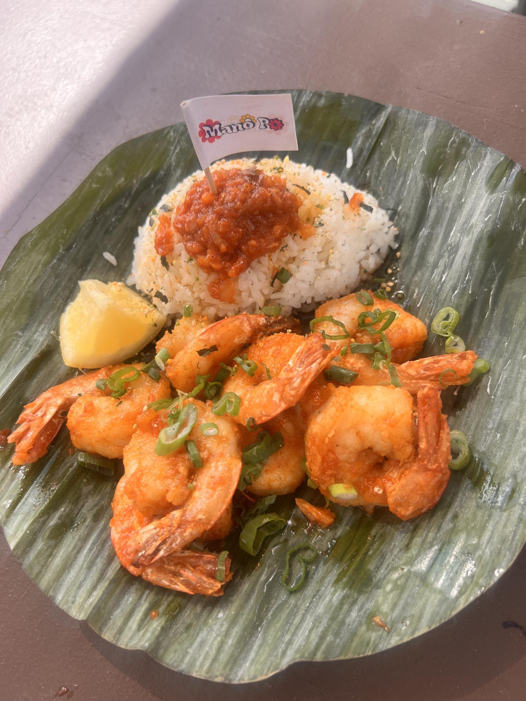Butter garlic shrimp and rice from Mano Po, available near the Sonora Tent at Coachella.