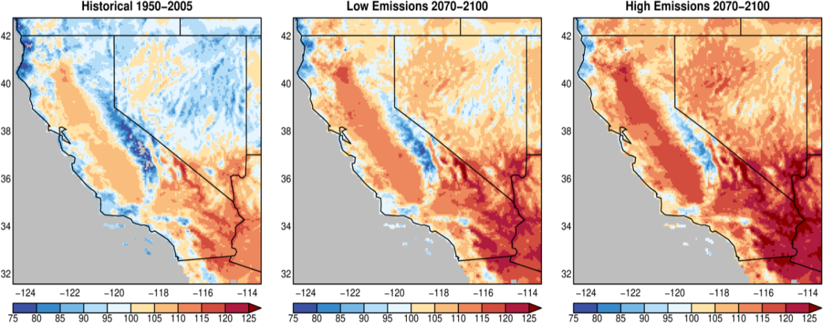 Maps of California and Nevada show projected increases in average hottest day of the year by the end of this century.