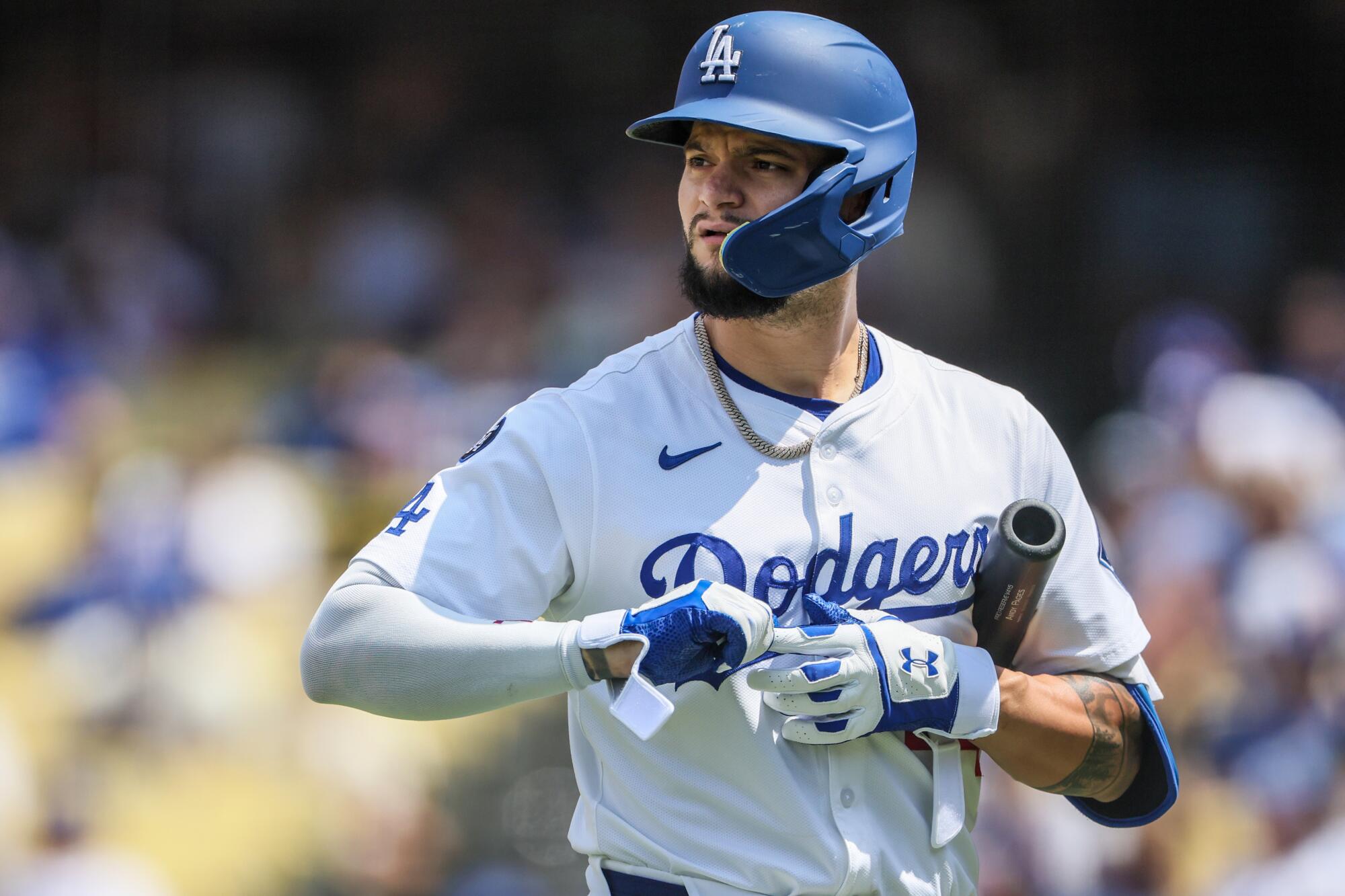 Dodgers outfielder Andy Pages bats against the Angels on May 18.