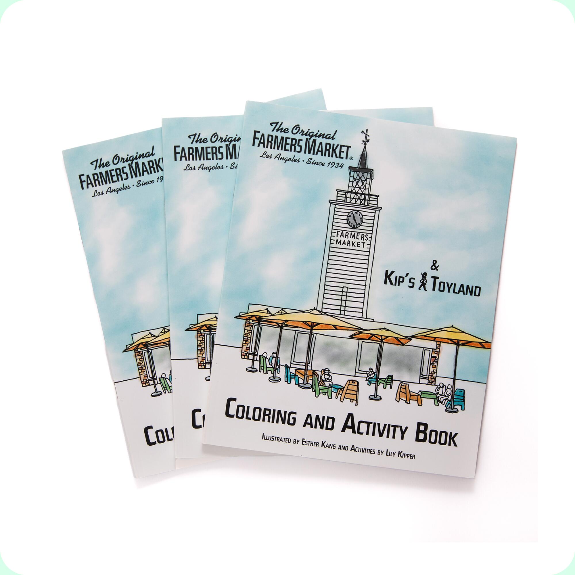 Three coloring books featuring The Original Famers Market in a hand drawn illustration.