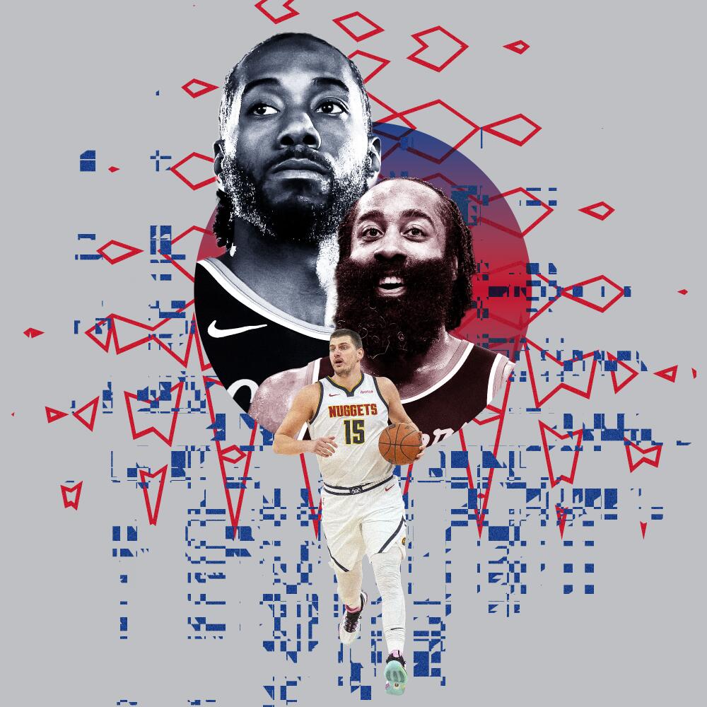 A photo illustration featuring Kawhi Leonard, James Harden and Nikola Jokic.